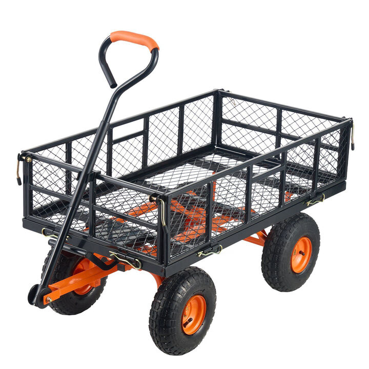 Heavy Duty Garden Cart with Dual-Function Handle Metal Dump Wagon for Yard and Farm-Black