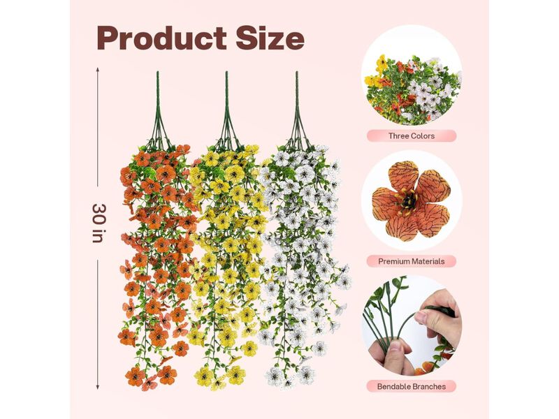 6 Piece Yellow Artificial Hanging Flowers UV Resistant Outdoor Garden Porch image number 2