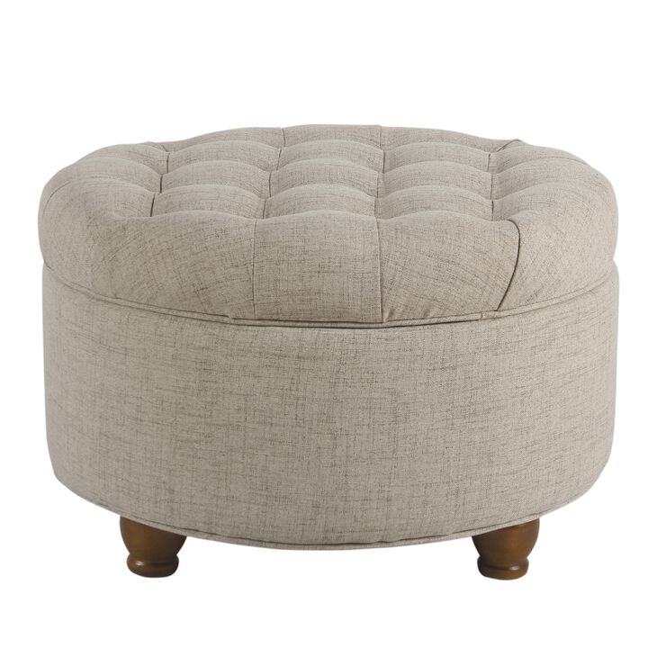 Fabric Upholstered Wooden Ottoman with Tufted Lift Off Lid Storage, Beige - Benzara