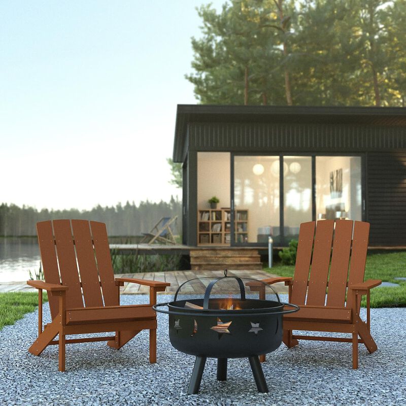 Flash Furniture 3 Piece Charlestown Adirondack Chair Set with Fire Pit - 2 Teak Poly Resin Wood Chairs - Star and Moon Fire Pit with Mesh Cover image number 1