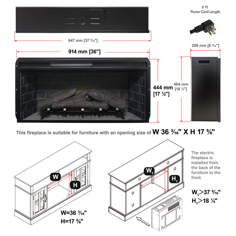 36 inch Infrared Electric Fireplace with Removable Trim kit Insert, Touch Panel Home Decor Heater image number 9