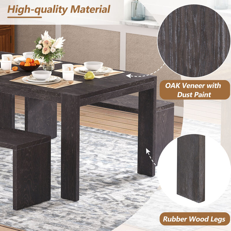 3-piece Farmhouse Style Simple Dining Set, Dining Table and 2 Benches, for Dining Room, Kitchen and Living Room (Natural Wood Wash)