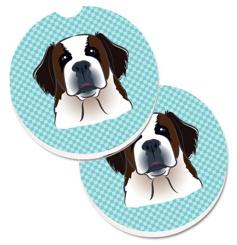 Caroline's Treasures Checkerboard Blue Saint Bernard Set of 2 Cup Holder Car Coasters BB1184CARC, 2.56, Multicolor