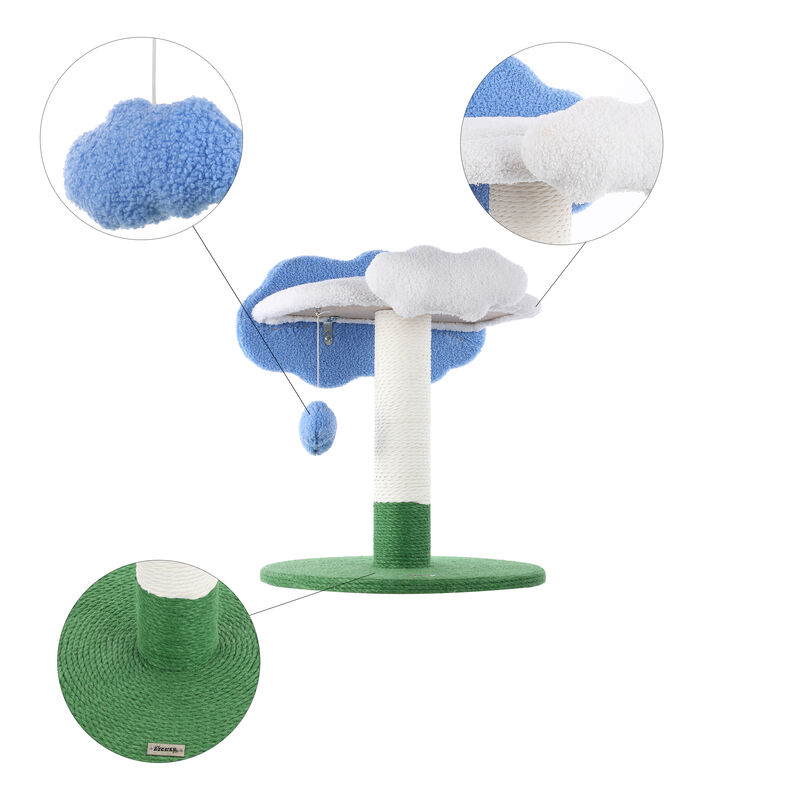 Sami 21.5" Modern Jute Cloud Cat Tree with Scratching Post, and Fuzzy Toy, White/Blue/Green