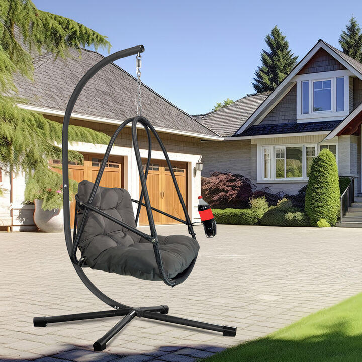 WOW PIONEER Indoor Outdoor Wicker Rattan Swing Egg Chair with Stand, Foldable Hanging Basket Lounge Chair with Cushion, Pillow, Removable Guardrail and Cup Holder
