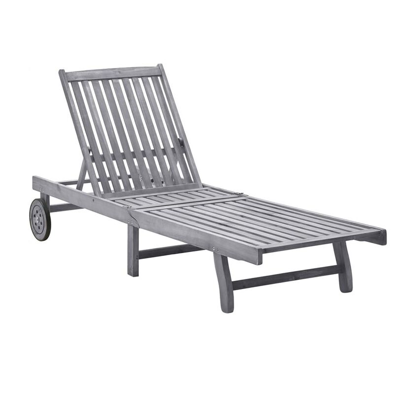 Outdoor Sun Lounger, Gray Acacia Wood, Ivory Fabric Cushion, 78 Inch - Benzara