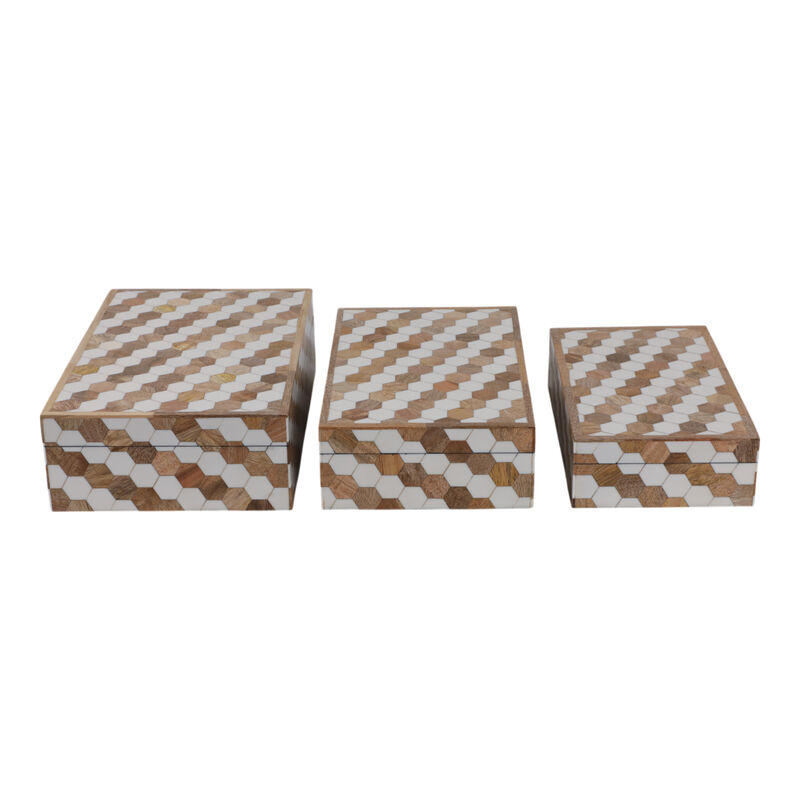 S/3 10/11/12" Hexagon Inlay Boxes, White image number 2