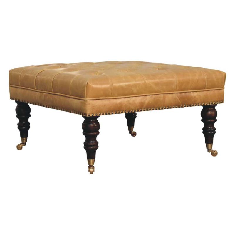 Artisan Furniture Solid Wood Tan Leather Upholstered Ottoman image number 6