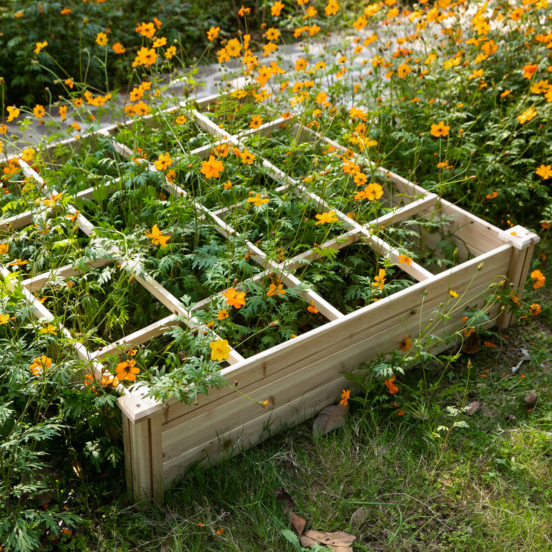 Outsunny Raised Garden Bed Kit, 4' x 4' Outdoor Wooden Planter Box with 9 Growing Grids, for Plants and Herbs