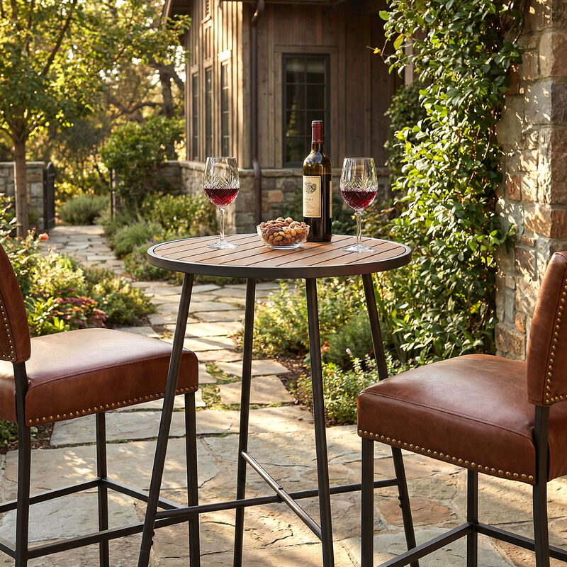 Patio Bar Height Round Table with Acacia Wood Top and Sturdy Metal Frame-Natural image number 5