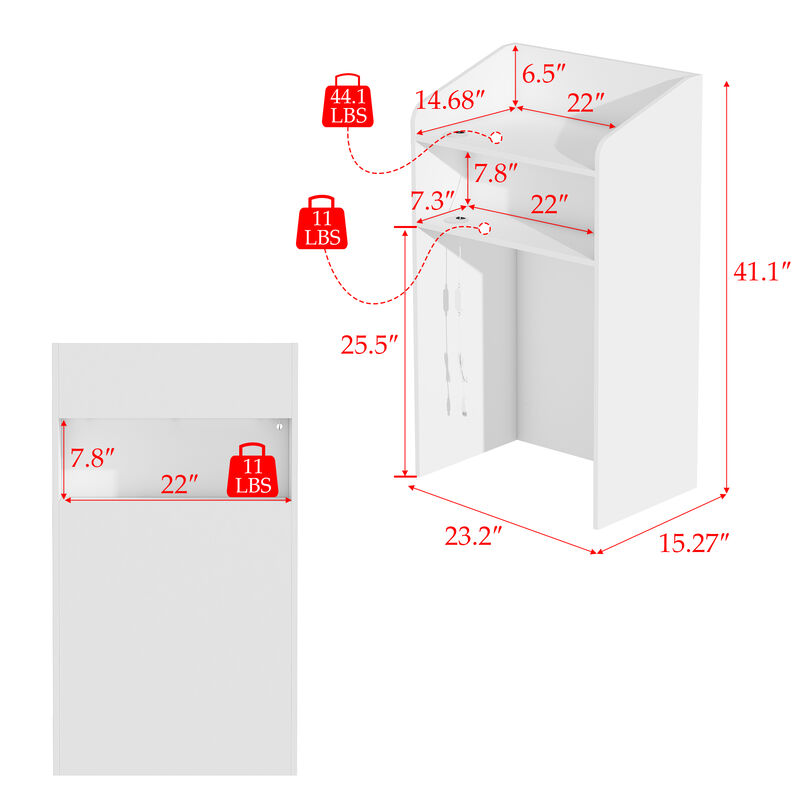 FUFU&GAGA Wooden Reception Desk with Storage Shelves Two Socket Slots 3-Color LED Light and USB Port 23.2 in. W x 15.27 in. D x 41.1 in. H White