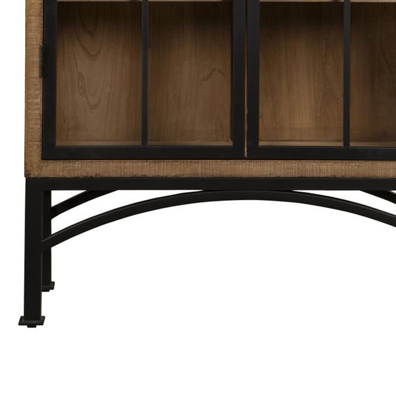 Veria China Cabinet, 2 Door Arch Frame, Antique Natural Brown, 83 Inch - Benzara