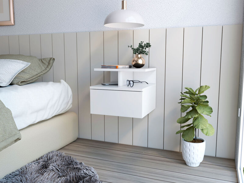 Bedroom Wall-Mounted Nightstand – One Drawer Faux Wood Floating Table