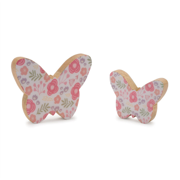 HomeRoots Set of Two White And Pink Wood Butterfly Tabletop Sculptures