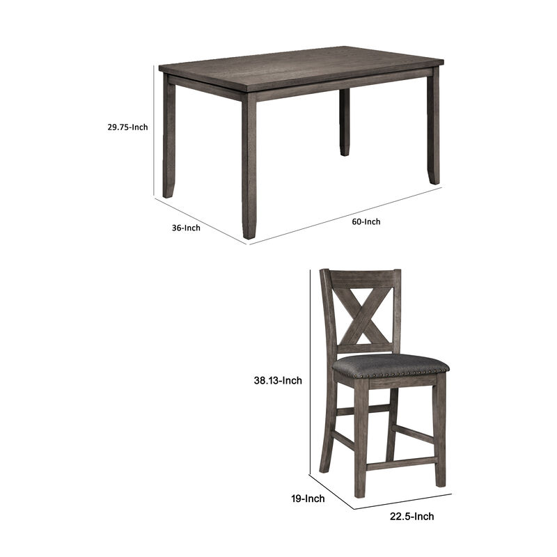 7 Piece Dining Table Set with 6 X-Back Chairs | Weathered Gray Wood | Padded Seats - Benzara