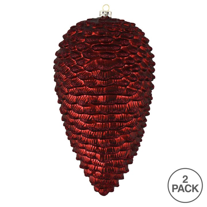 Vickerman 10" Burgundy Matte Glitter Pinecone Christmas Ornament. Includes 2 Pieces per Pack.
