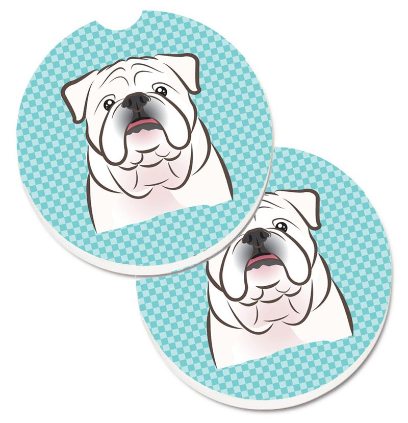 Caroline's Treasures Checkerboard Blue White English Bulldog Set of 2 Cup Holder Car Coasters BB1158CARC, 2.56, Multicolor