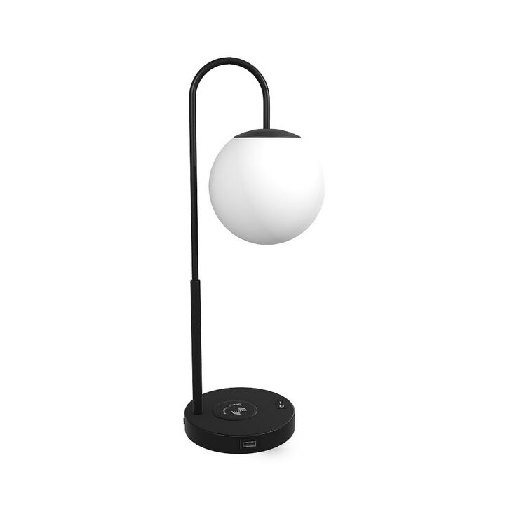 24 Inch Desk Lamp, White Globe Shade, Round Base, USB Port, Black Metal - Benzara