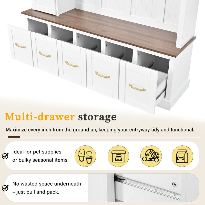 Merax 4-in-1 Entryway Hall Tree with Storage Bench, Hanging Hooks, Open Cubbies & Drawers image number 7