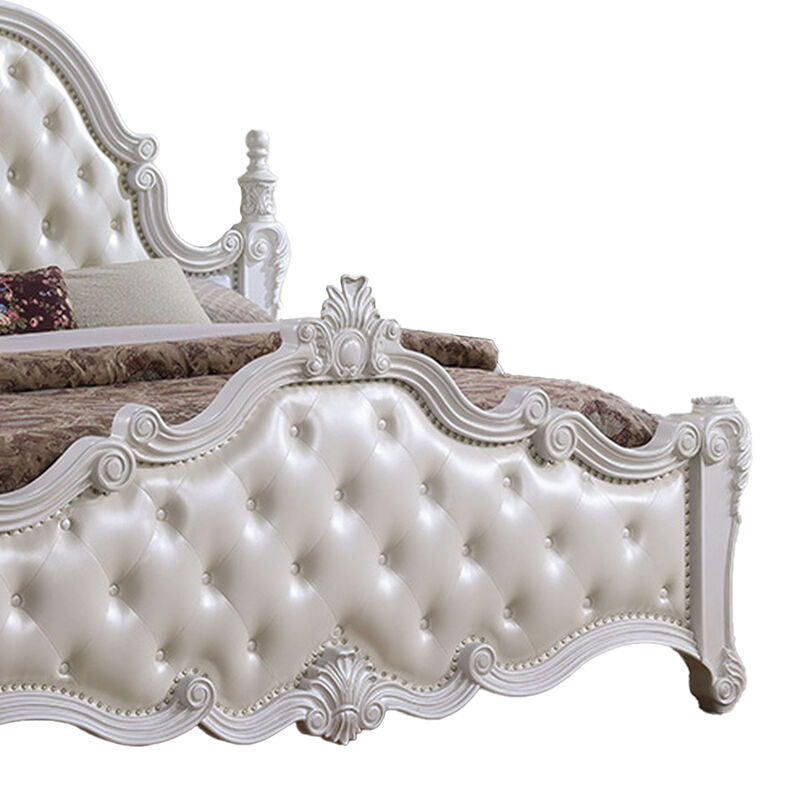 Moni King Bed, White Button Tufted Traditional Upholstery, Solid Wood