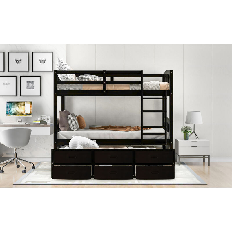 Twin Over Twin Wood Bunk Bed With Trundle And Drawers