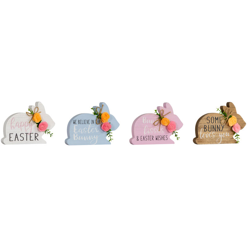 Set of 4 Floral Bunny Wooden Tabletop Easter Signs 7.75"