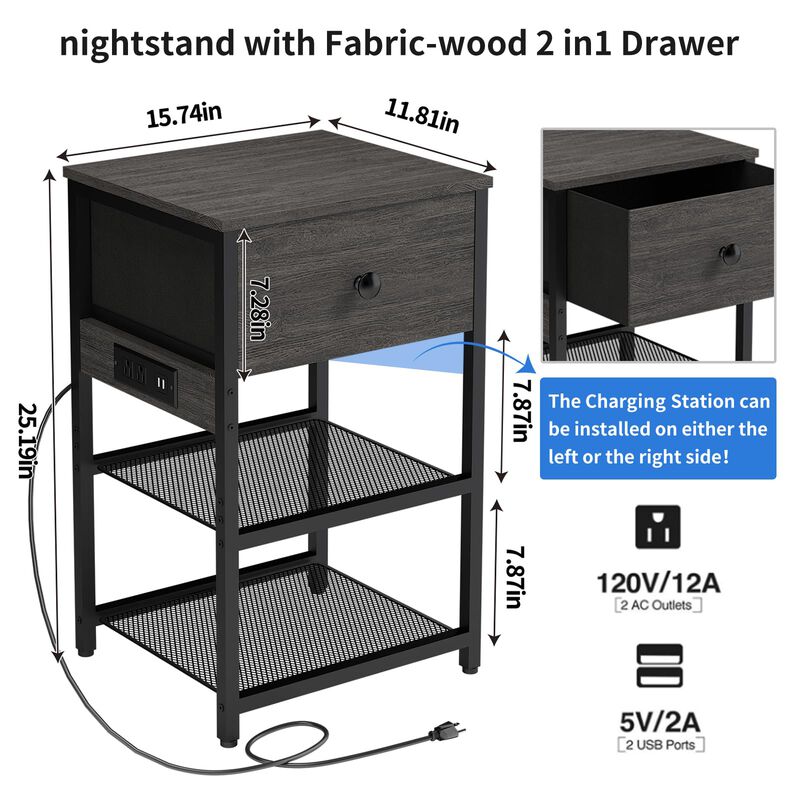 LTTDOUK Nightstands Set of 2 with Charging Station, Bedside Tables with Fabric-Wood 2-in-1 Drawer, End Table for Small Spaces, G