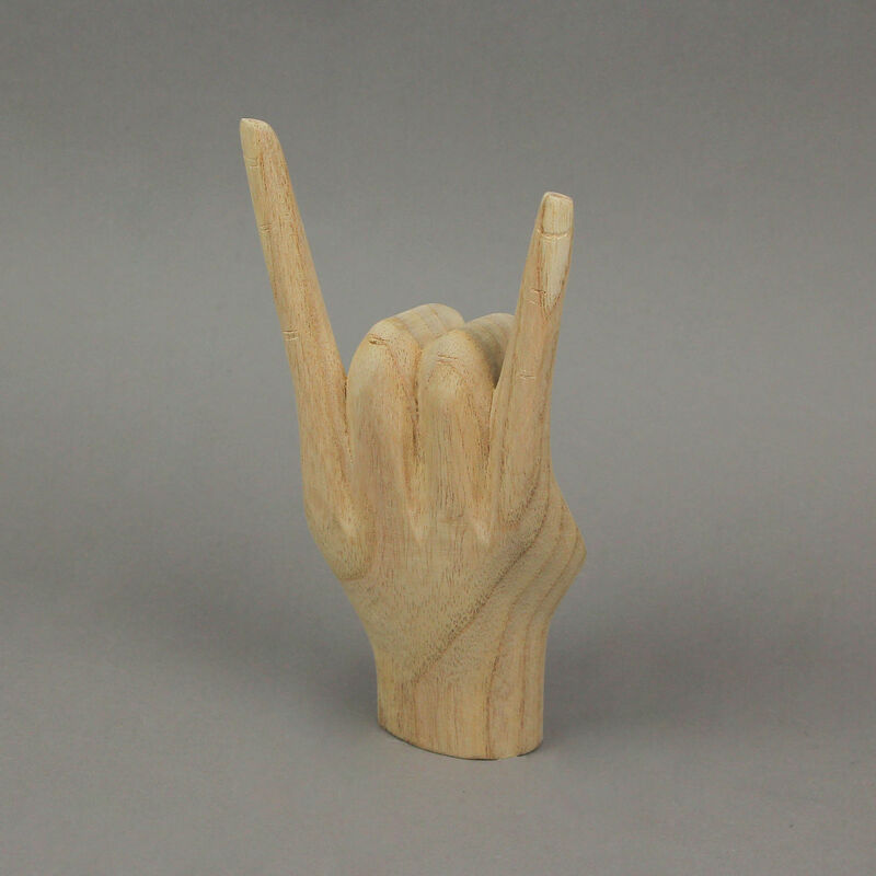 Carved Wooden Rock On Devil Horns Hand Gesture Statue Natural Finish Home Decor image number 4