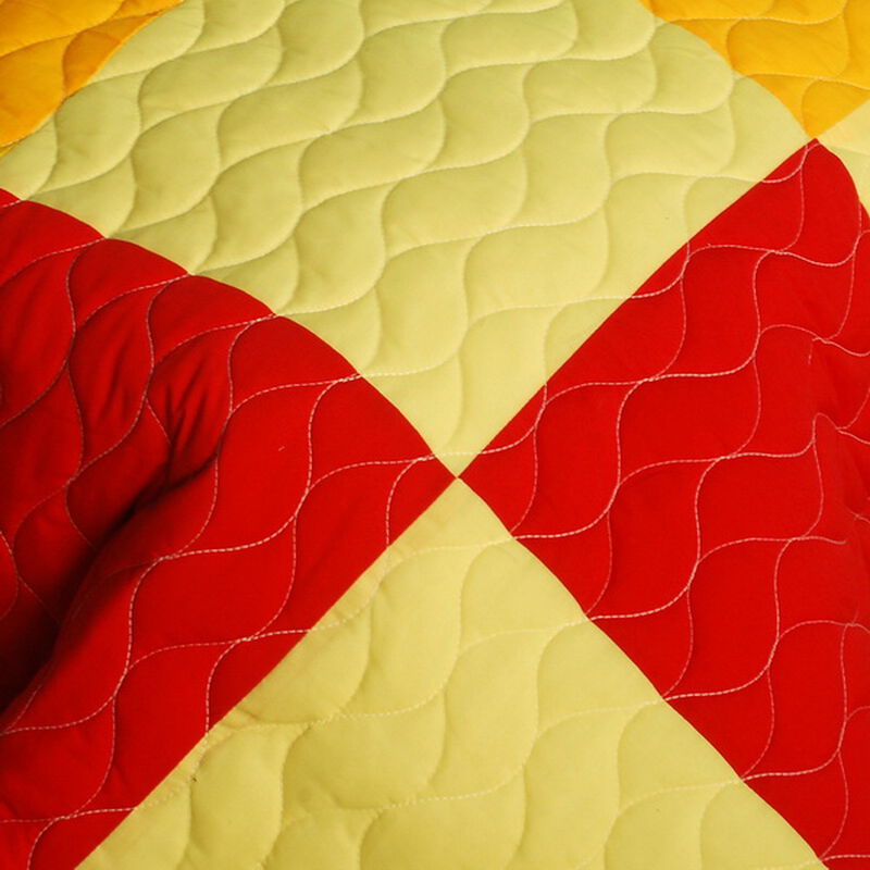 Queen Patchwork Quilt Set with Hand-Stitched Pattern and Reversible Style-Yellow image number 4
