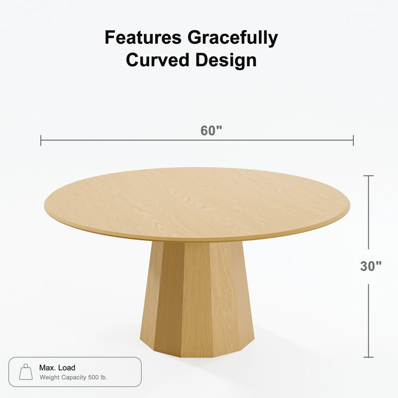 60 Inch Round Natural Wooden Dining Table Seats 4-6 People, Suitable for Living Room and Dining Room