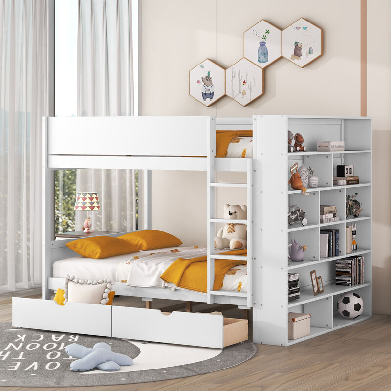 Full Over Full Bunk Bed With 2 Drawers And Multilayer Cabinet, White