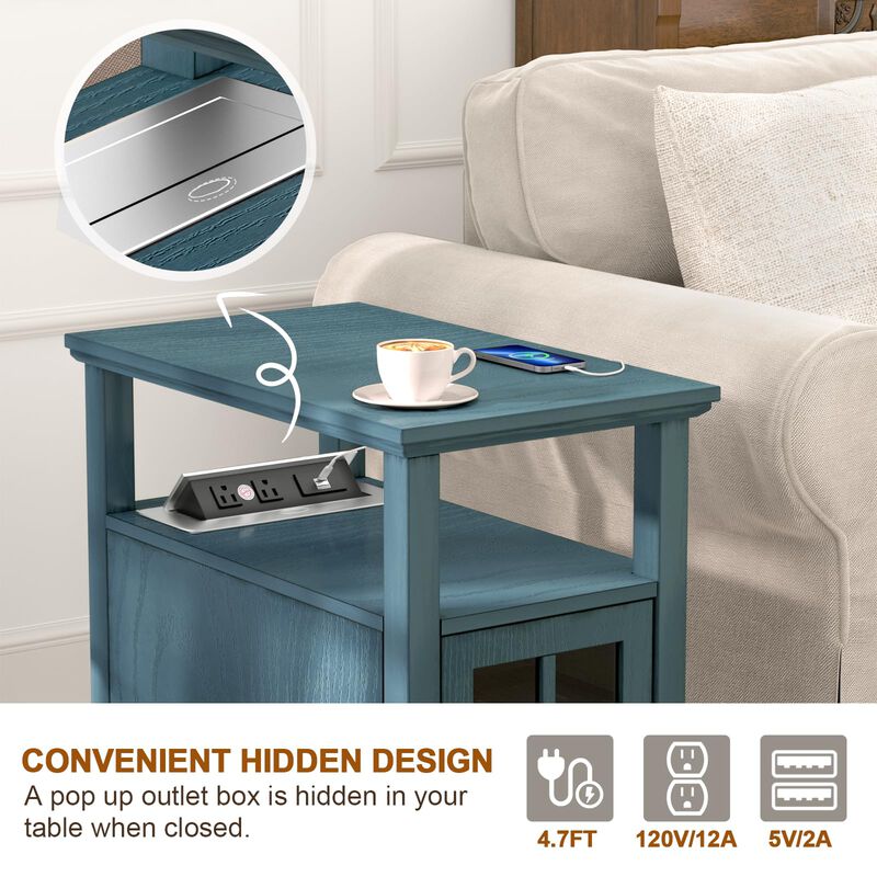 HIFYOBRO End Table with Hidden Charging Station, Narrow Side Table with Storage, Nightstand for Small Spaces with USB Ports & Po