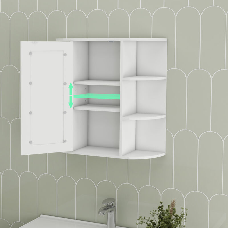 Wall-Mounted Bathroom Medicine Cabinet with Mirror, 6 Open and 3 Adjustable Shelves