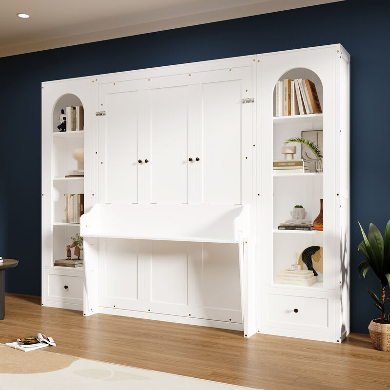 Merax Bed with Shelf, Side Cabinets, Drawers and LED