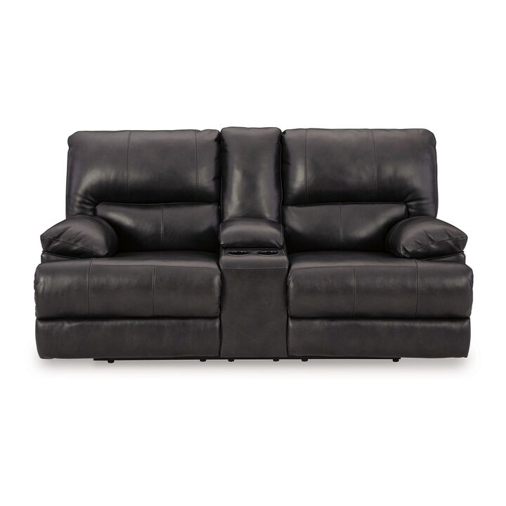 Monto Power Recliner Loveseat, Black Leather, Cupholders, 82 Inch - Benzara
