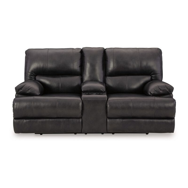 Monto Power Recliner Loveseat, Black Leather, Cupholders, 82 Inch - Benzara