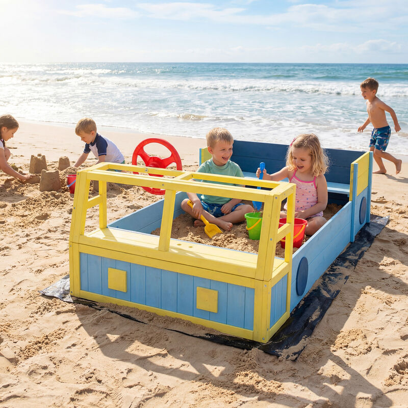 Large Car Style Sandbox with Wooden Frame and Bottom Liner for Kids Outdoor Play-Blue image number 8