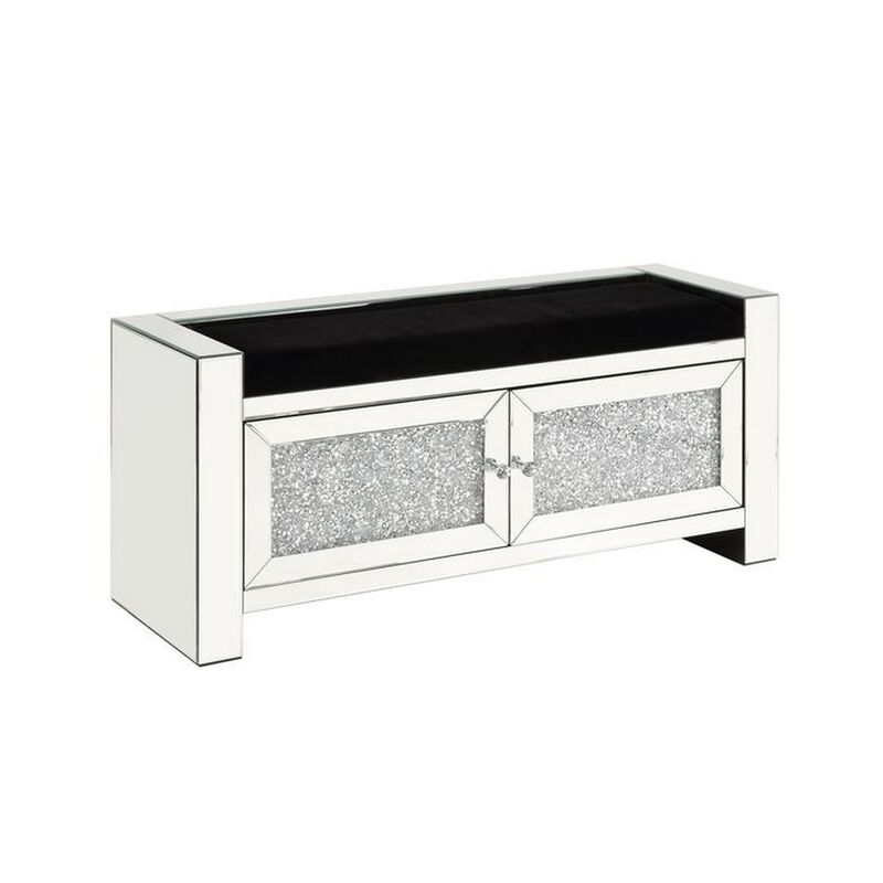 Mirrored Bench with Faux Diamonds and 2 Cabinets, Silver-Benzara