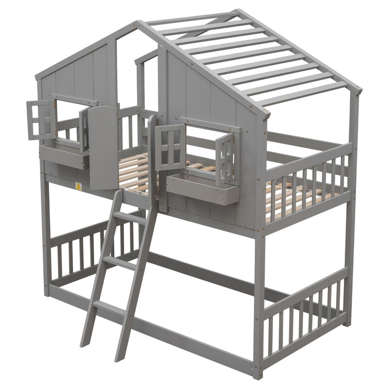 Twin Over Twin House Bunk Bed With Roof, Window, Window Box, Door, With Safety Guardrails