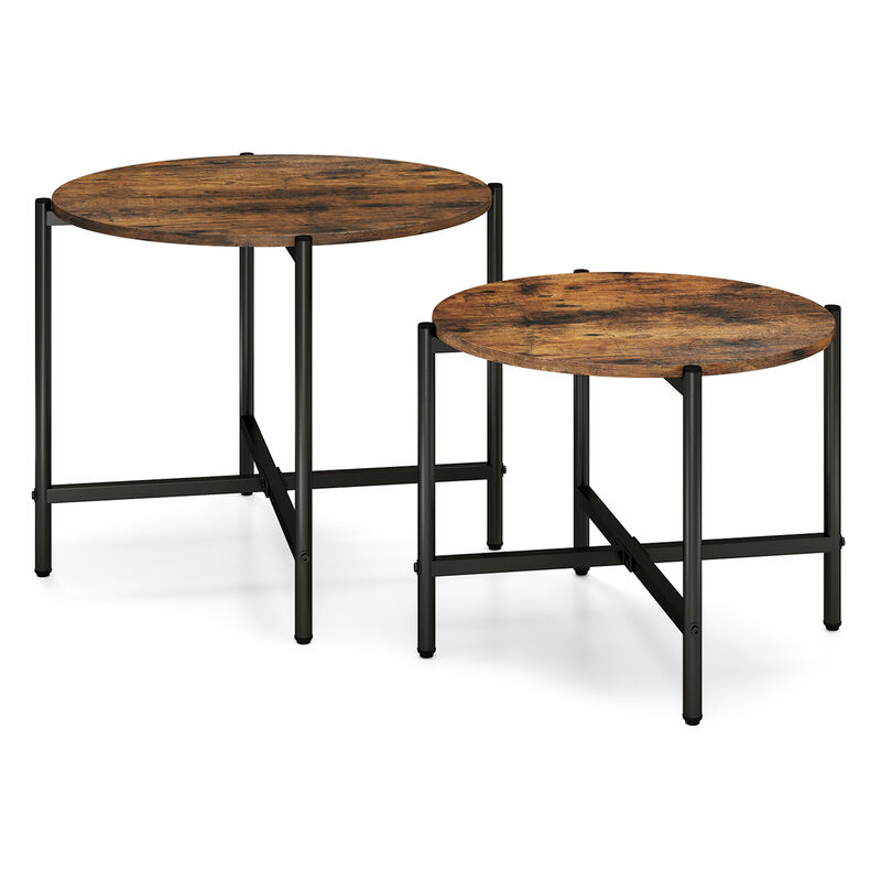 Round Coffee Table Set of 2 – Heavy-Duty Metal Frame Nesting Tables for Living Room