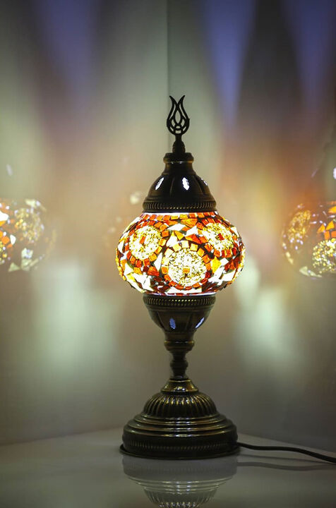 14.5 in. Handmade Brown Separated Circles Mosaic Glass Table Lamp with Brass Color Metal Base