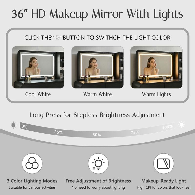 50" Vanity Desk with 35.4" LED Mirror, 3 Lights, 5 Drawers & Charging Station image number 3