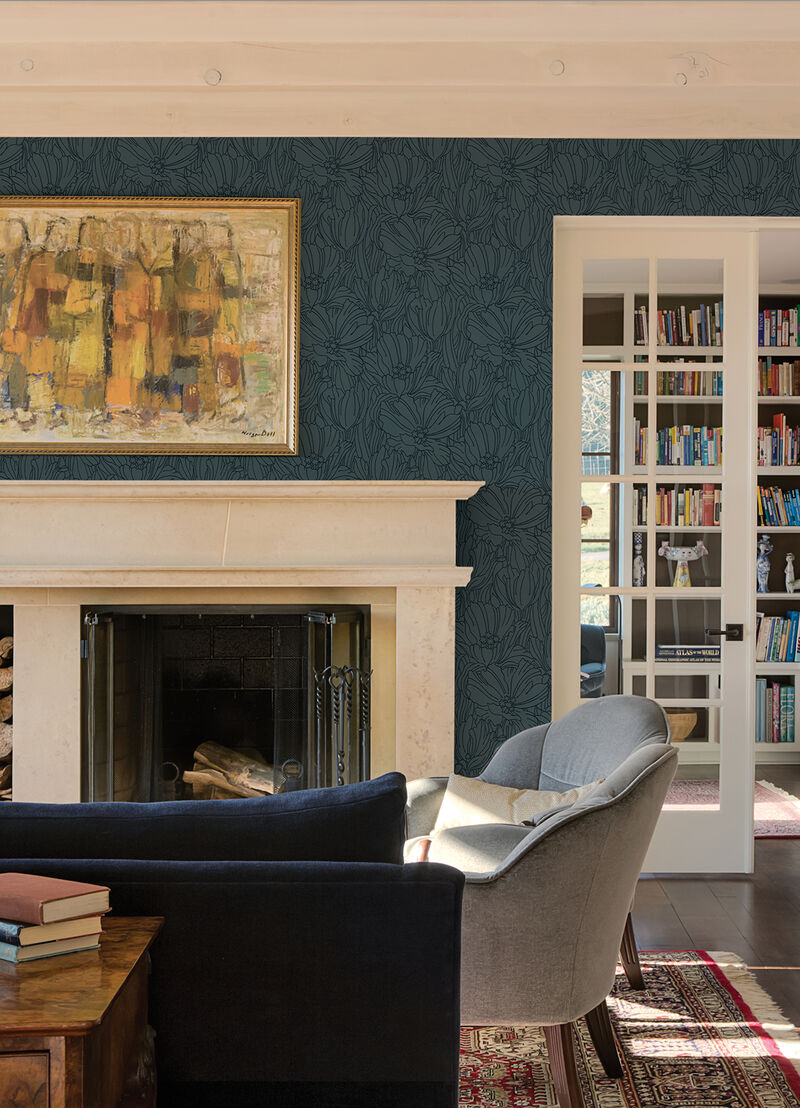 Selwyn Flock Dark Blue Floral Wallpaper image number 2