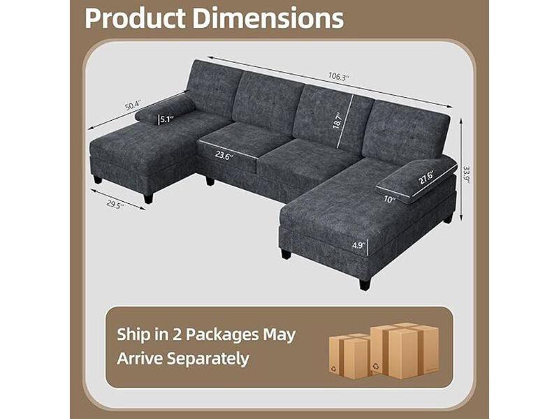 Sectional Sofa &ndash; Dark Grey U‑Shaped 4‑Seater Couch with Double Chaise & Solid Wood Frame image number 1