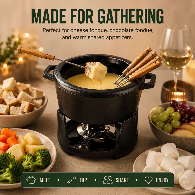 Alva Nori Enameled Cast Iron Fondue Set 2Qt. - Oven Safe and Made without PFAS, PFOA & PTFE - Includes 8 Fondue Forks, Fondue Pot, Adjustable Burner & Stand image number 8