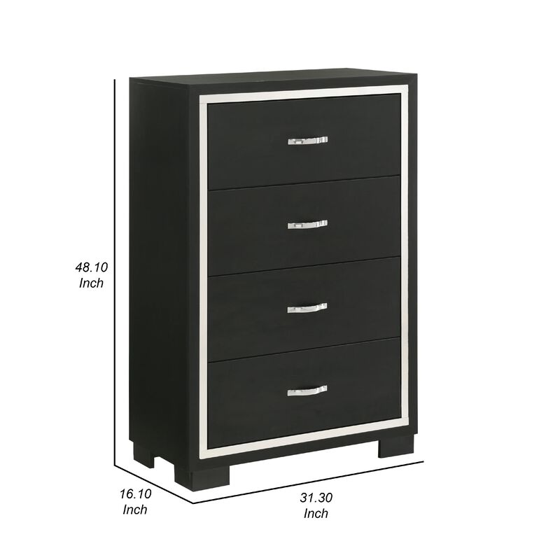 Geny Tall Dresser Chest, 4 Drawers, Silver Trim and Metal Handles, Black