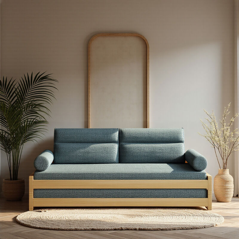 Fabric Linen Double-Deck Sofa Bed with Wooden Frame for Living Room & Bedroom 82.67" Blue