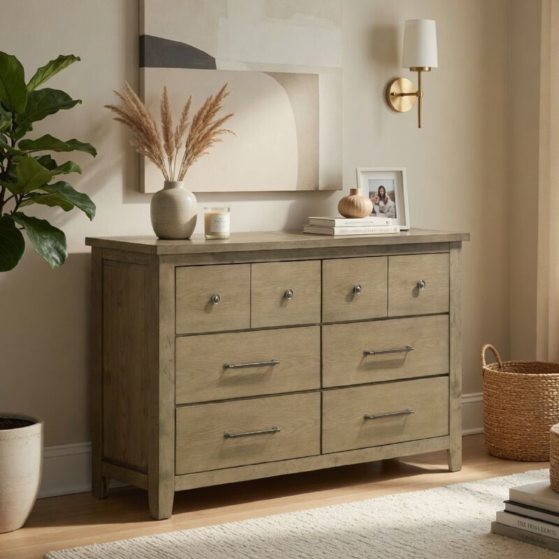 Hazel Wide Dresser, 6 Drawers, Antique Nickel Metal, Oak Brown Wood image number 8