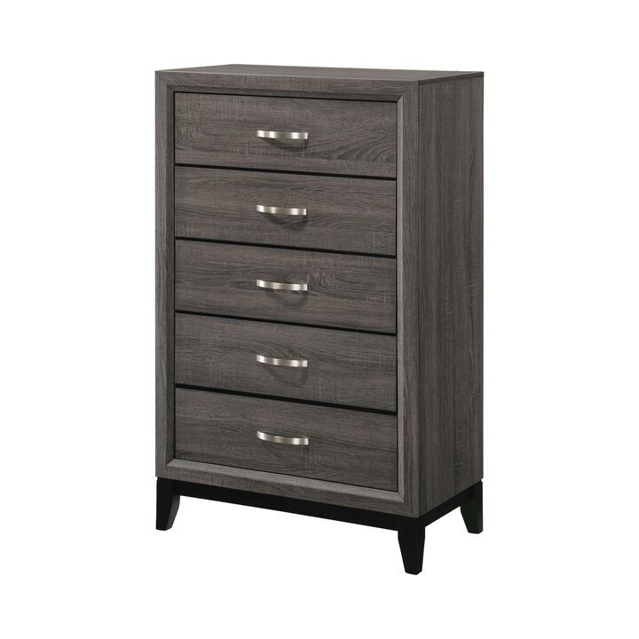 5 Drawer Transitional Chest with Chamfered Feet and Curved Handles, Gray - Benzara
