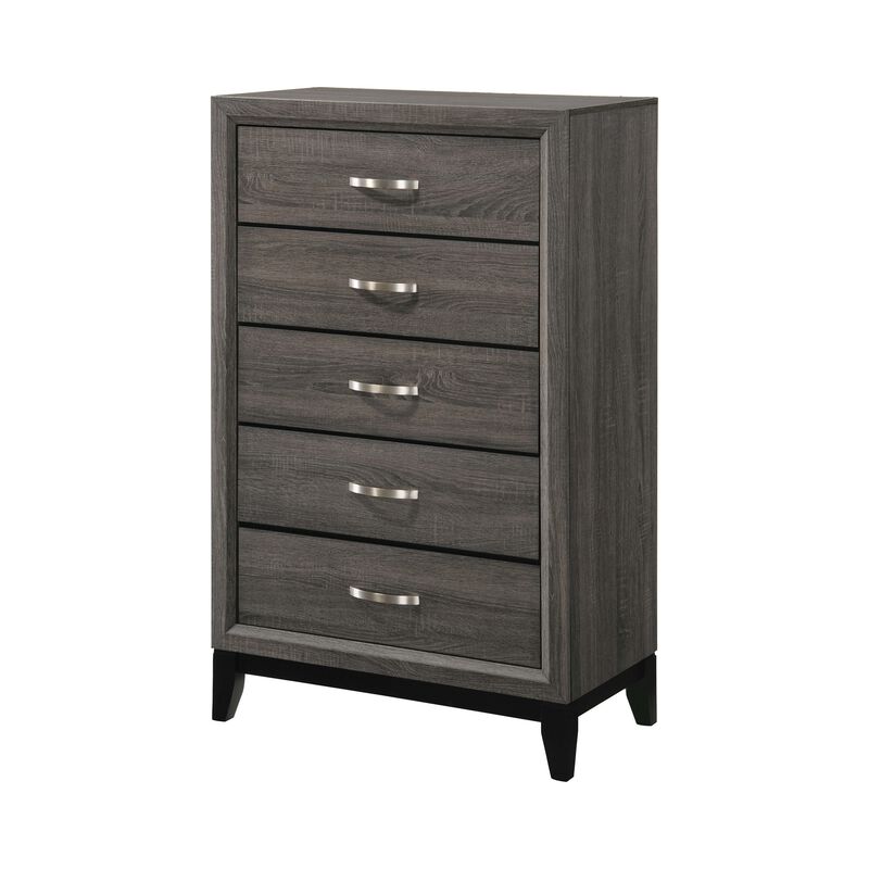 5 Drawer Transitional Chest with Chamfered Feet and Curved Handles, Gray - Benzara